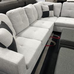 Light Grey White Sectional Sofa Set W/ Ottoman (Right Chaise) 👍FREE FINANCING AVAILABLE❗NO CREDIT CHECK❗ 