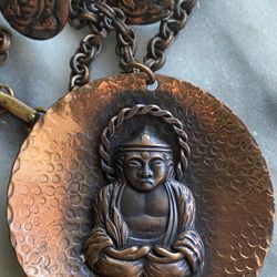 Genuine Copper / Vintage Buddha Pendant Chain link Necklace + Earrings