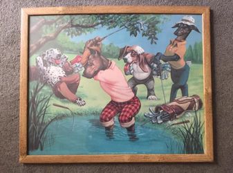 Vintage Dog Print, Ball in Water by D.Millsap in Oak Frame/Golfing/Man Cave