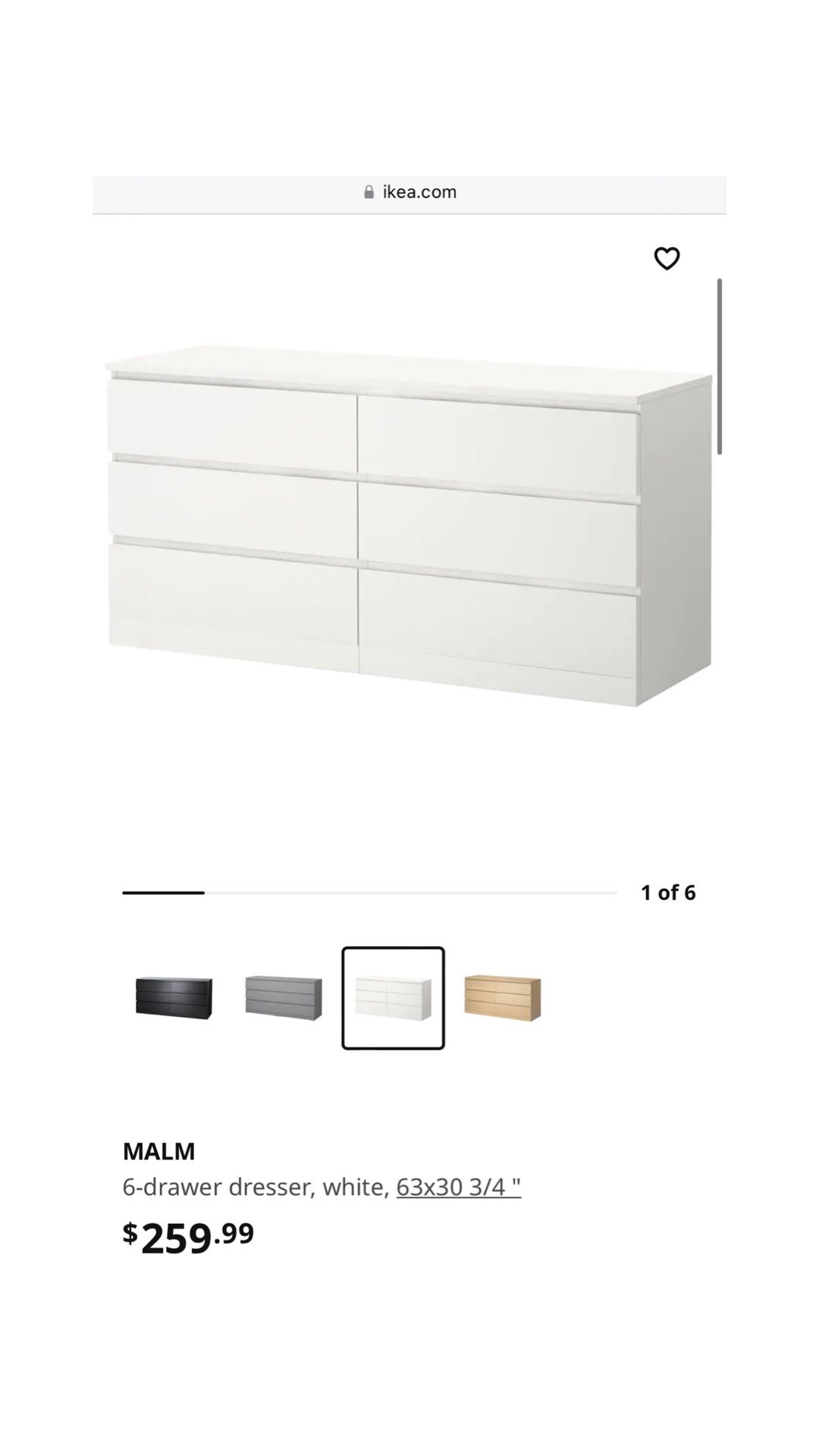 Ikea MALM 6 Drawer Dresser White • Delivery available for 30 for Sale