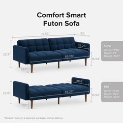 Tufted Blue Couch 🛋️ New In Box 📦 Folds Down Into A Bed 🛏️ 
