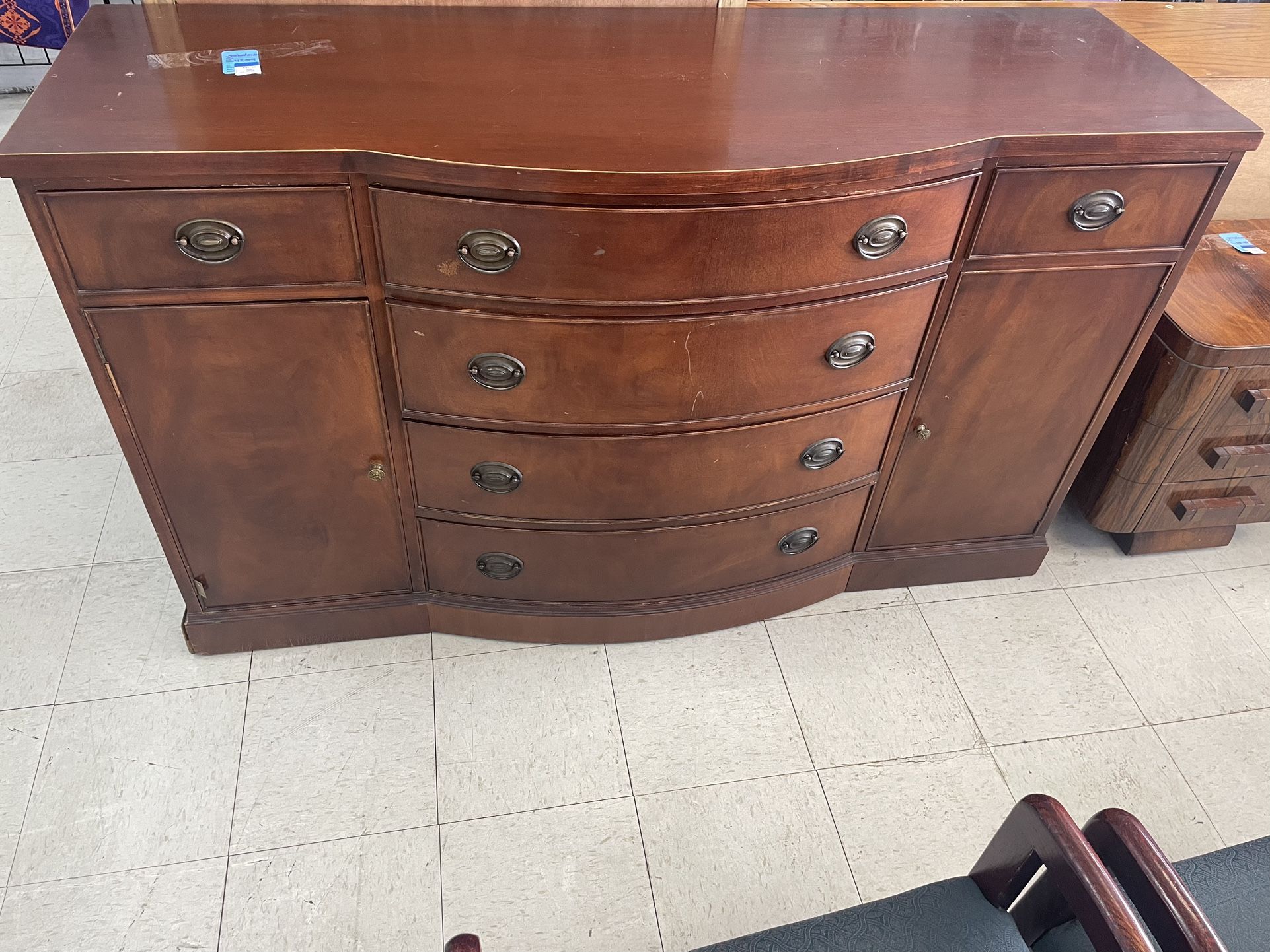 Vintage wood bow six drawer shelve door cabinet dresser sideboard buffet entry table vanity media stand.