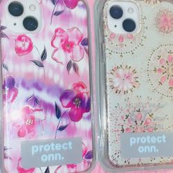 2 SET/🌸🟣💕✨IPHONE📱14 PLUS PINK PURPLE FLORAL CASE & IPHONE📱14 PLUS GOLD🌟W:LIGHT PINKS🎀🌸💕CASE