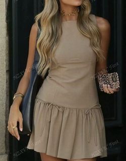 Women’s Beige Sleeveless Drop Waist Mini Dress Size S 100% Polyester