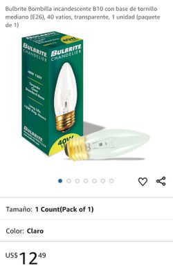 Bulbrite Bombilla incandescente B10 con base de tornillo mediano (E26), 40 vatios, transparente, 1 unidad (paquete de 1)