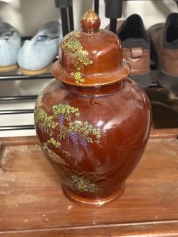 Vintage Chinoiserie Porcelain Birds Wisteria Cherry Blossom Brown Ginger Jar Urn
