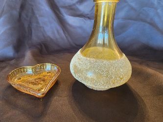 Glass Bud Vase Candle Holder Textured Frit Green and Small Heart Shaped Trinket Plate 