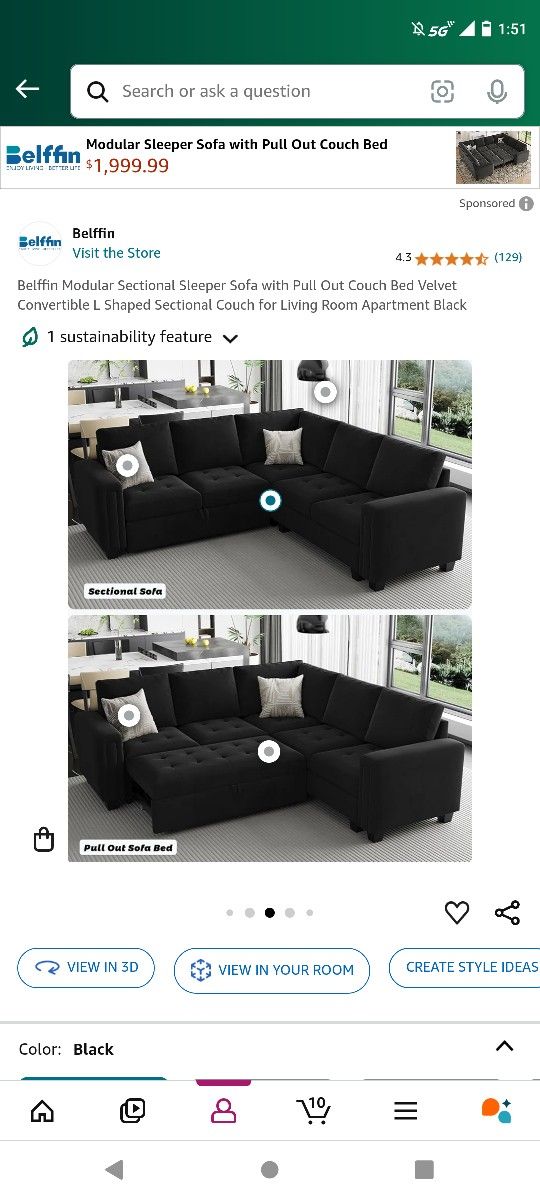 New In Box, Belffin Modular Sectional Sleeper Sofa with Pull Out Couch Bed Velvet Convertible L Shaped Sectional Couch for Living Room Apartment Black