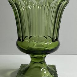 Vintage Indiana Glass Avocado Green Square Pedestal Base Compote Candy Nut Dish 