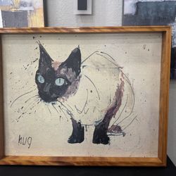 Mid Century Painting On Canvas Of Siamese Cat By Fritz Rudolph Hug 29x23 Framed
