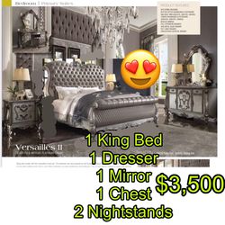 Beautiful New Tufted King Bed Set(1 King Bed, 1 Dresser, 1 Mirror, 1 Chest, 2 Nightstands) Only $3,500!!! Original Price $13,605!!!