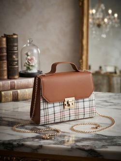 Plaid and Leather Structured Crossbody Bag