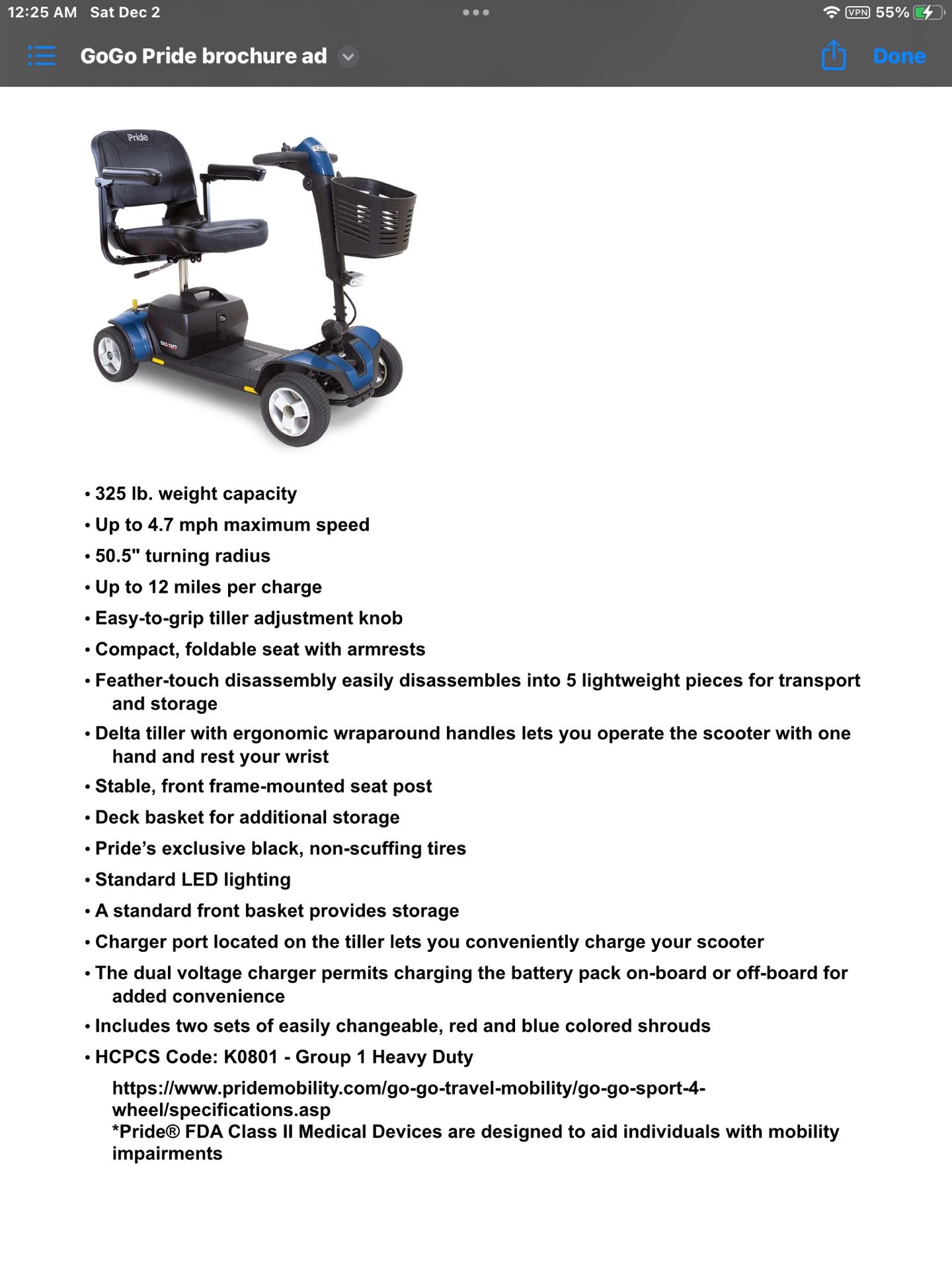 GoGo Pride Sport with new batteries installed. Used Gently and Well Cared for.