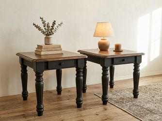 Pair of Modern Farmhouse Two-Tone Black & Natural Wood Side Tables / Nightstands (Set of 2)