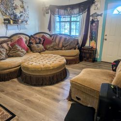 Antique Wood Trim Vintage Embroidered Couch With Tufted Ottoman 