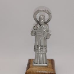 Pewter Catholic Holy Figure on Wooden Base 