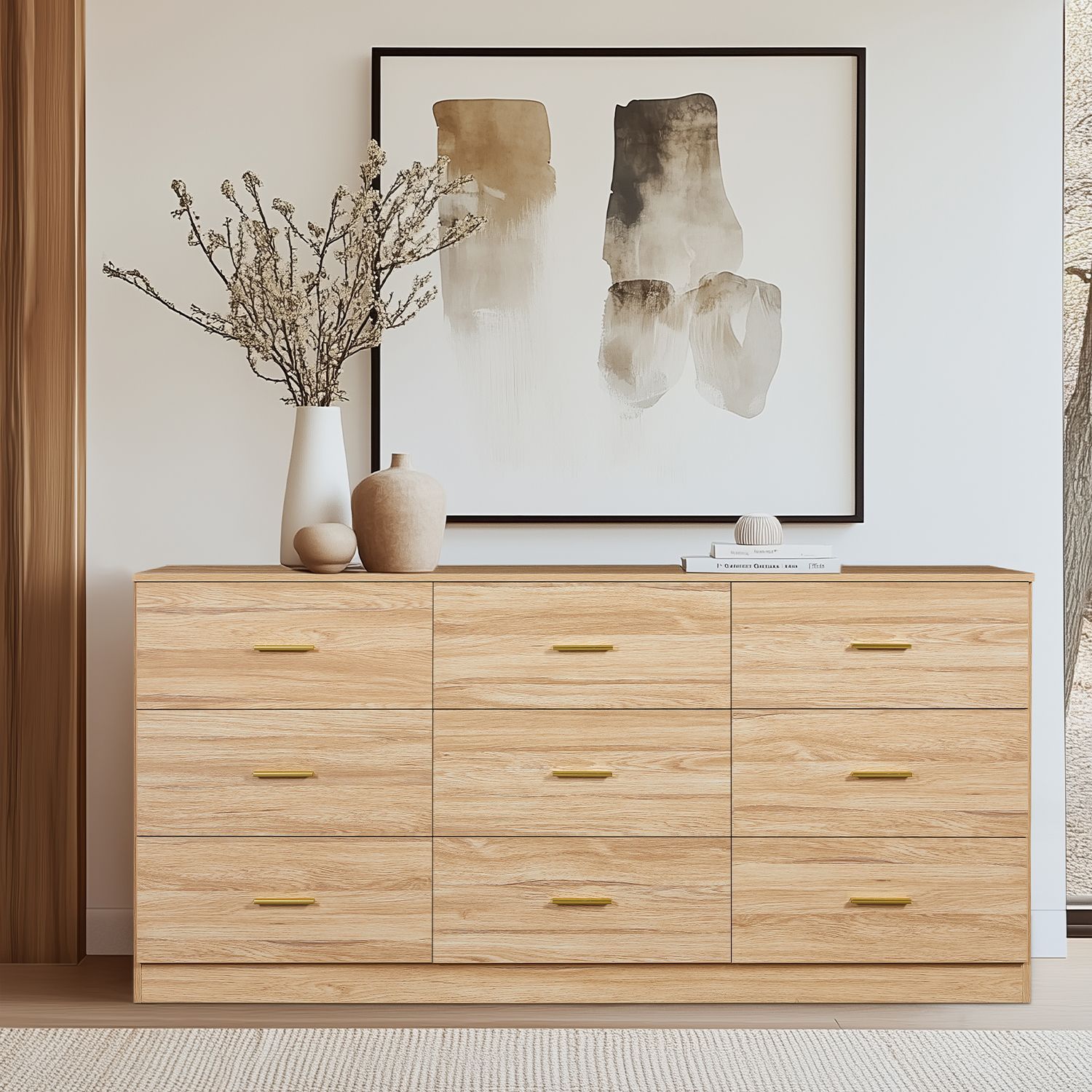 New Modern Natural 9-Drawer Dresser, Wide Chest of Drawers with Gold Handles
