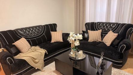 Black Velvet and Leather Sofa Set