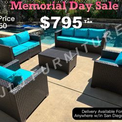 NEW🔥 Outdoor Patio Furniture Set 5 Pc Brown Wicker 4" Turquoise Non Slip Cushions ASSEMBLED