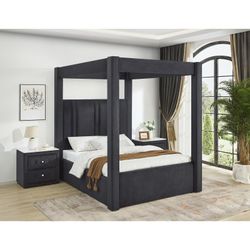 🛑  Queen Canopy Bed, Black Velvet Fabric Button, Box Spring Required, No Mattress Including, New