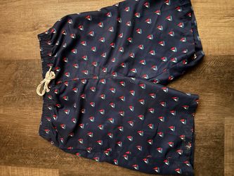Navy Sailboat Print Swim Trunks