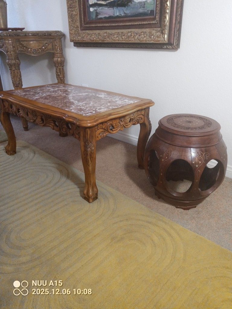 Nice Sturdy, Ornate, Granite Top Wood Frame Coffee Table And Wood Ornate Side Table Buy Together Or Seperate