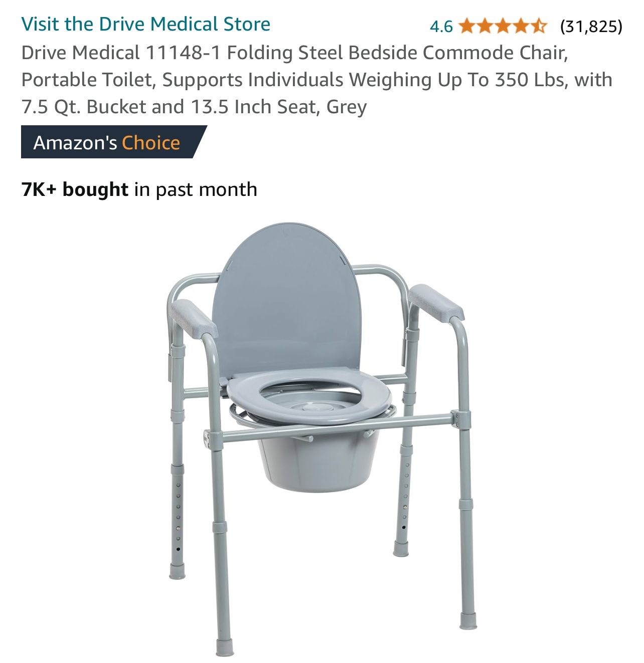 Drive Medical 11148-1 Folding Steel Bedside Commode Chair, Portable Toilet, Supports Individuals Weighing Up To 350 Lbs, with 7.5 Qt. Bucket and 13.5