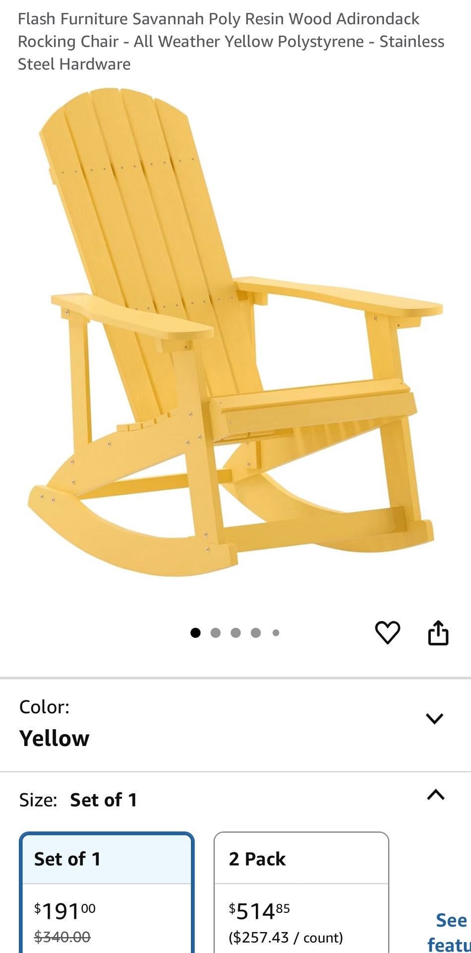 Flash Furniture Savannah Poly Resin Wood Adirondack Rocking Chair - All Weather Yellow Polystyrene - Stainless Steel Hardware