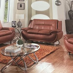 One Day Same! Modern  Style Brown Leather Three Piece Couch Set