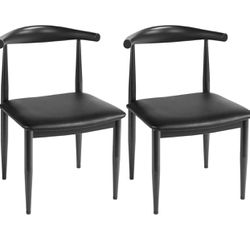 2pcs Dining Chairs Mid Century Armless with Backrest Fabric Leather Seat Metal Legs for Kitchen Living Room Chair - Black