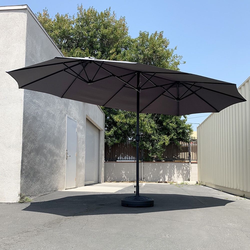 New in Box $115 Large Double Sided Outdoor (15ft Umbrella and 65lbs Plastic Base set) Colors Red/Gray