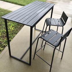 Crosby St. Grammercy Black Steel Slat Patio Bar Table and 2 Matching Bar Stools: