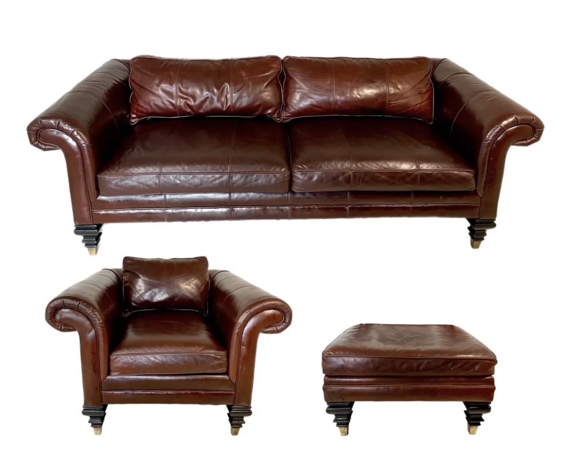 Ralph Lauren Colonial Rich Leather Sofa W/Matching Club Chair and Ottoman