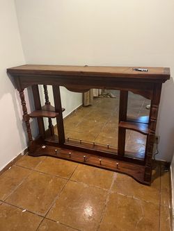 Wooden Mirror with Shelves and Hooks