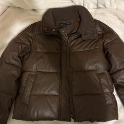 brown leather puffer jacket