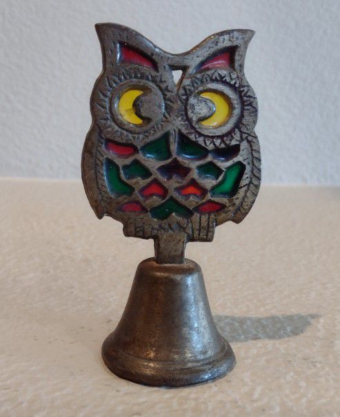 Vintage Heavy Metal Stained Glass Owl Bell, 5" tall