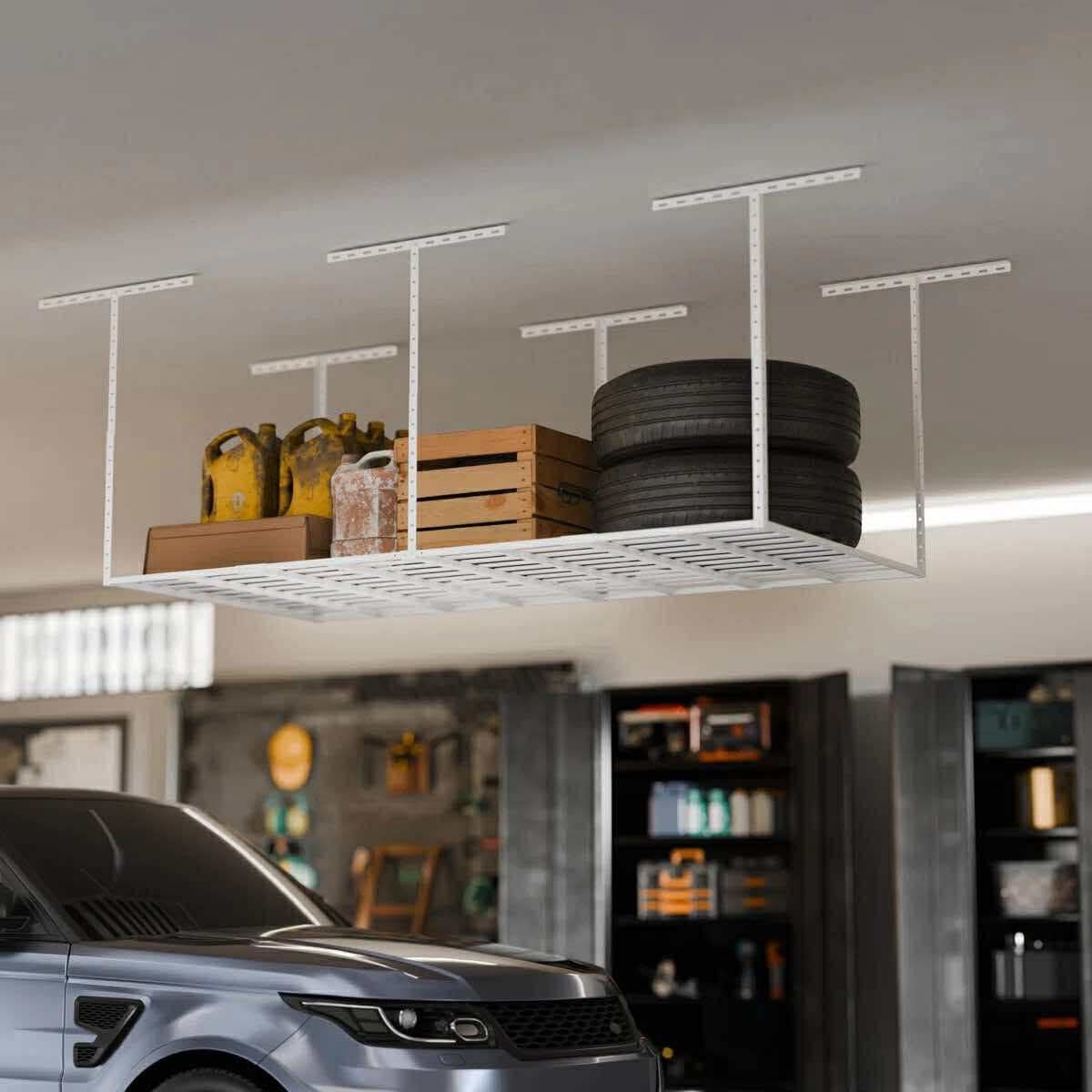 2ftx8ft Overhead Garage Storage Rack, Heavy-Duty Metal Garage Ceiling Storage Rack, 22''-40" Adjustable Ceiling Drop-Down, 400 lb. Loading Weight Capa