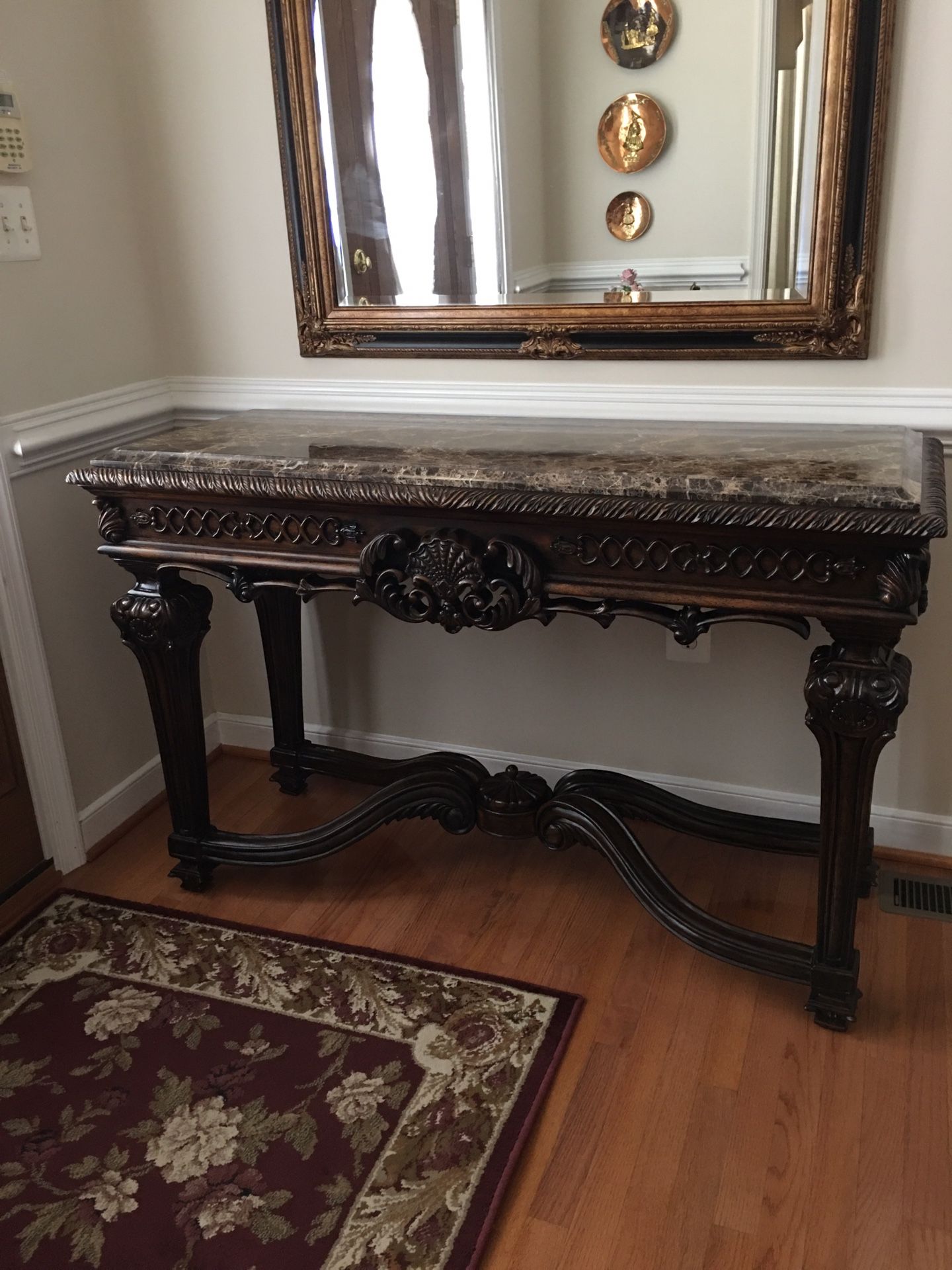 CONSOLE TABLE WITH MARBLE STONE TOP WITH DEEP BROWN , LIGHT BROWN AND WHITE COLORS