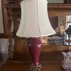VINTAGE 1920-40 TABLE LAMP BRASS BASE  OX BLOOD RED  SILK SHADE original