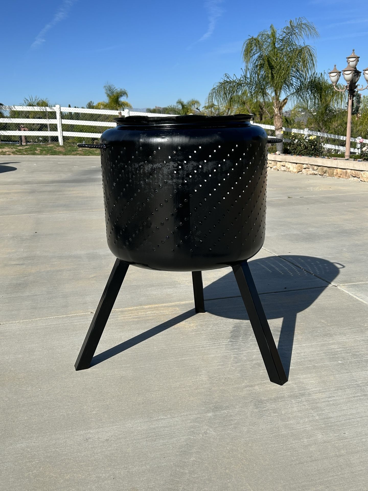 Fire Pit Made From Washing Machine Tub With Tall Legs And Handles