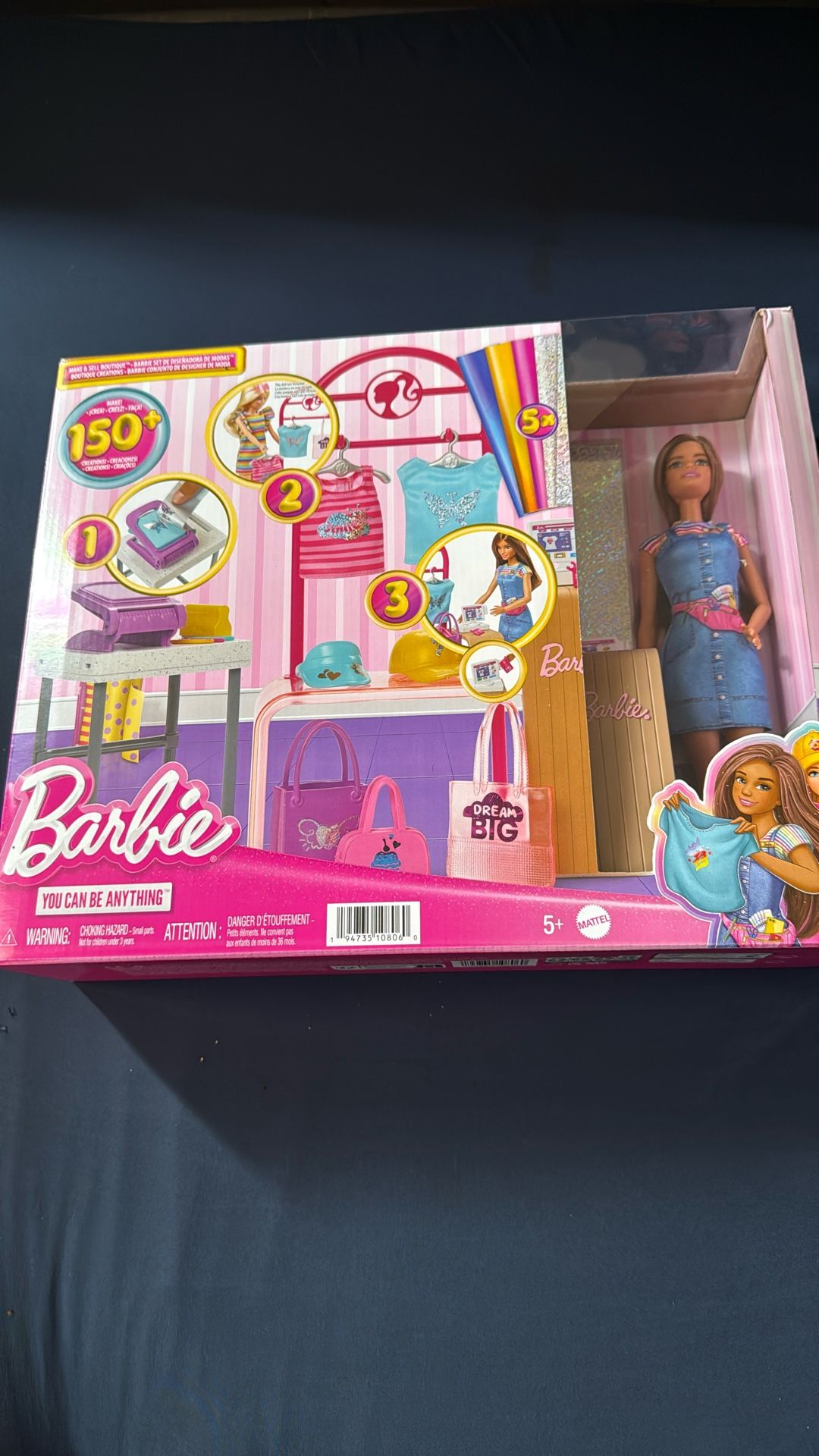 Barbie Make & Sell Boutique Playset with Brunette Doll, Foil Design Tools, Clothes & Accessories