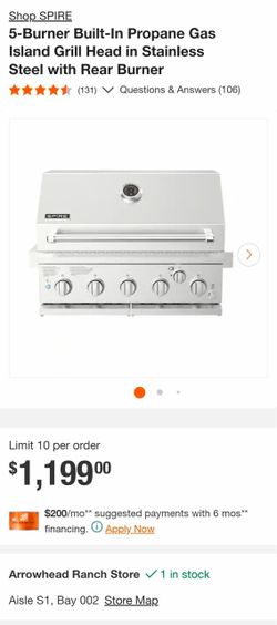 Shop SPIRE 5-Burner Built-In Propane Gas Island Grill Head in Stainless Steel with Rear Burner