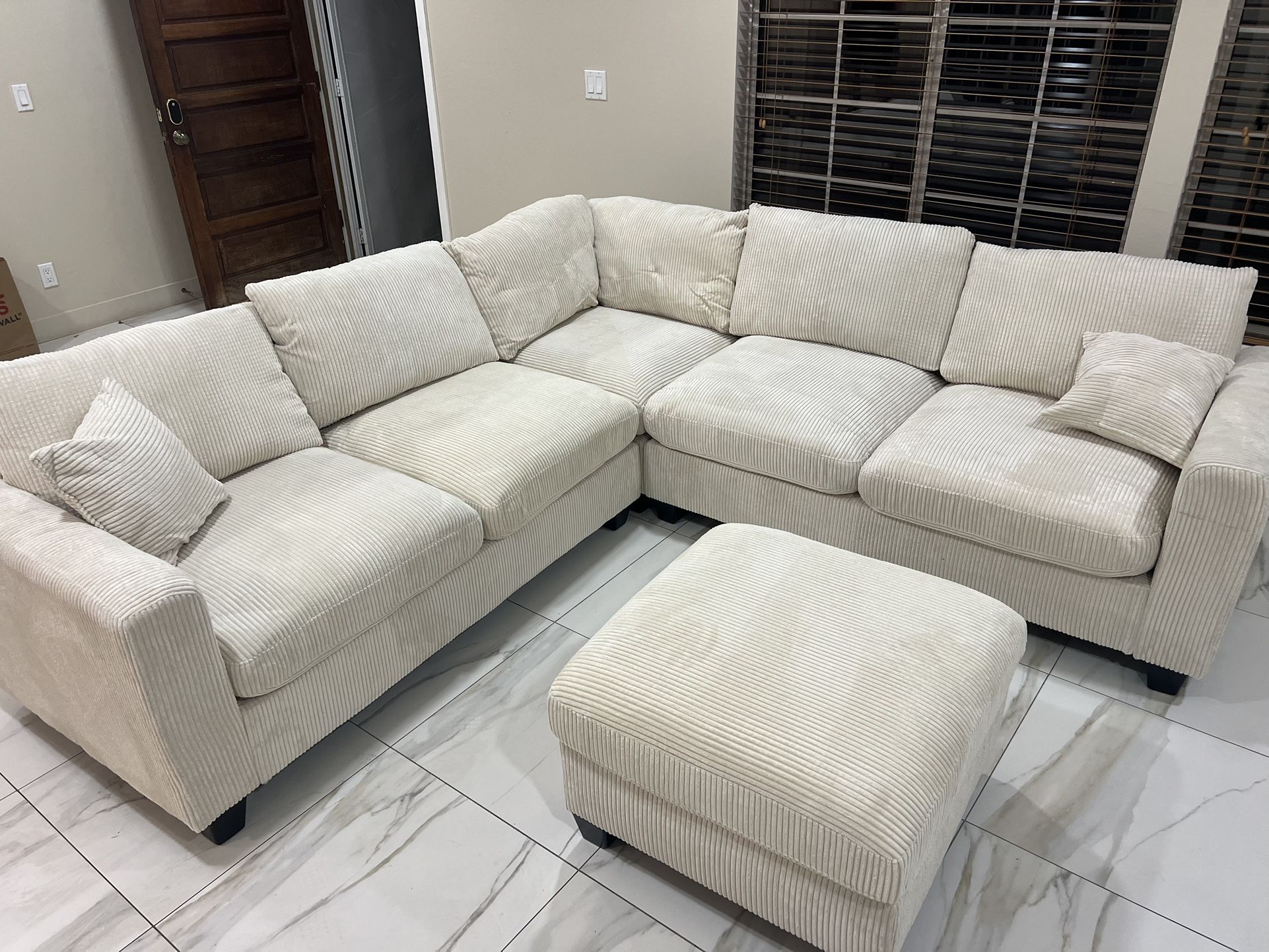 New Corduroy Fabric Sectional. Off White / Beige. 99” X 99”. Free Delivery!