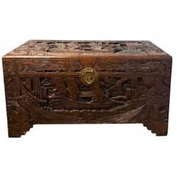 1960s Large Vintage Carved Oriental Camphor Wooden Chest 