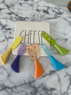 Rae Dunn cheese tray. Plus colorful cheese knives