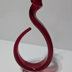 Modern Hand-Blown Red Art Glass Sculpture on Clear Base – 14” Abstract Infinity Design