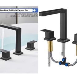 Black High Flow Bath Tub Faucet Set 3 Hole, Brass Deck Mount Roman Bathtub Faucet, 2 Handle & Longer Spout Reach with No Leaks