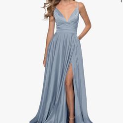 Satin blue Dress With Corset Back And Pockets