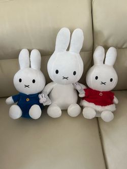 Miffy Rabbit Plush Stuffed Animal Lot of 3 White Blue Red Animation Theme