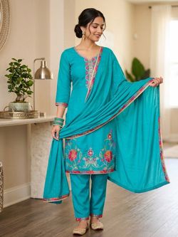 Teal Embroidered Salwar Kameez Set with Dupatta